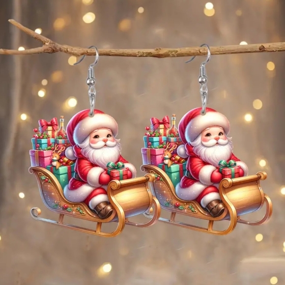 NEW Acrylic Santa Claus On Sleigh Dangle Earrings - Picture 1 of 9